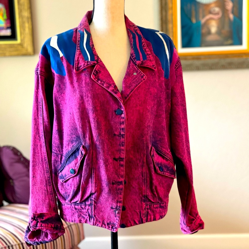 Vintage acid wash cardinal red/ fuchsia pink jean jacket.